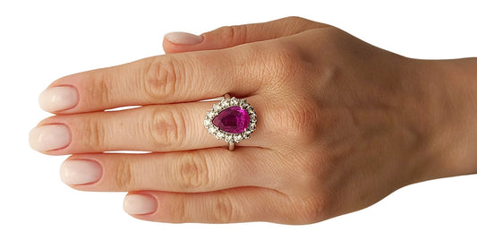 Ruby & diamond ring 18k white gold 6.64ctw burma pear cut lotus certified