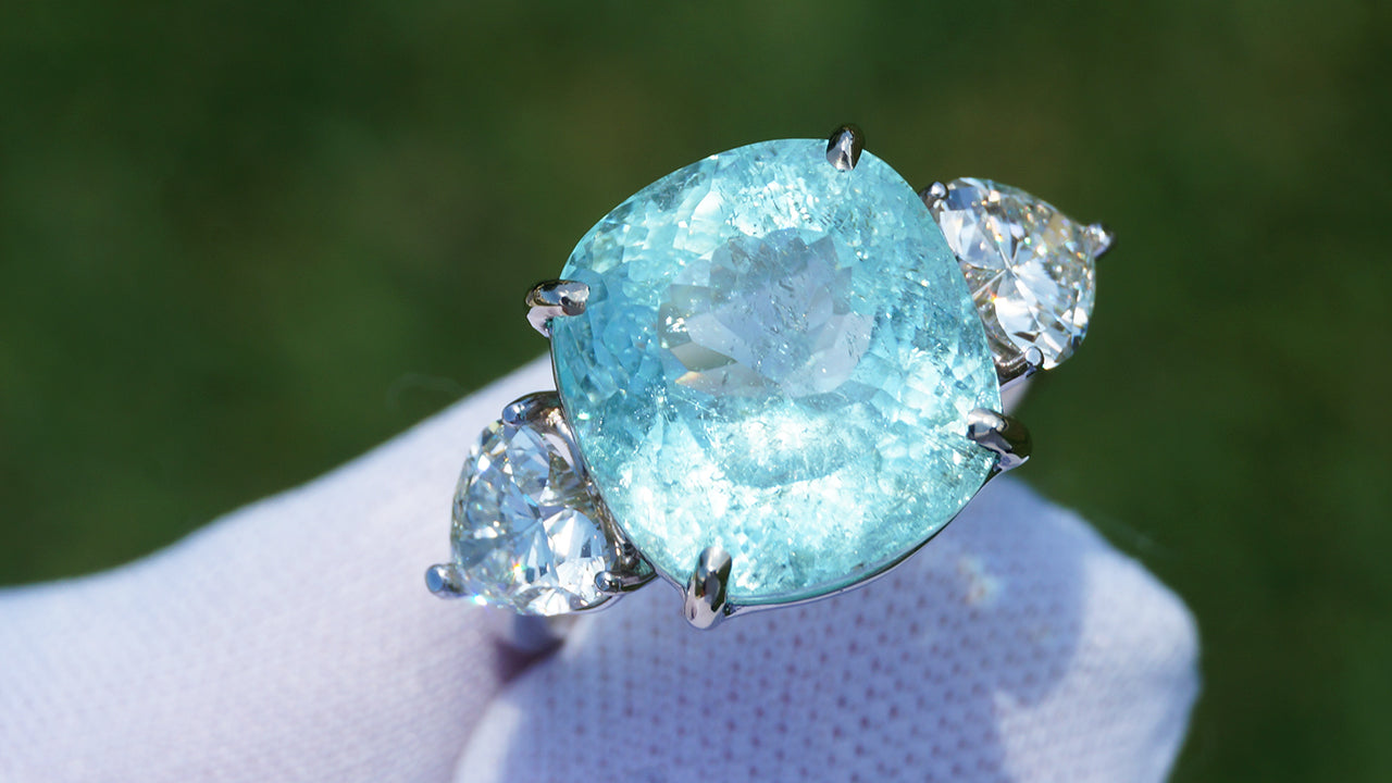 Load video: paraiba tourmalite blue neon gia certified ring diamond gold real natural