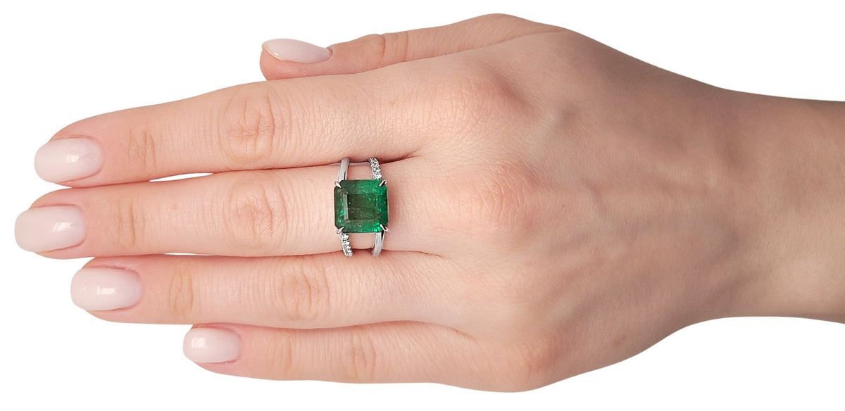 ring Emerald diamond white gold 14k gia certified 6.14ctw split shank