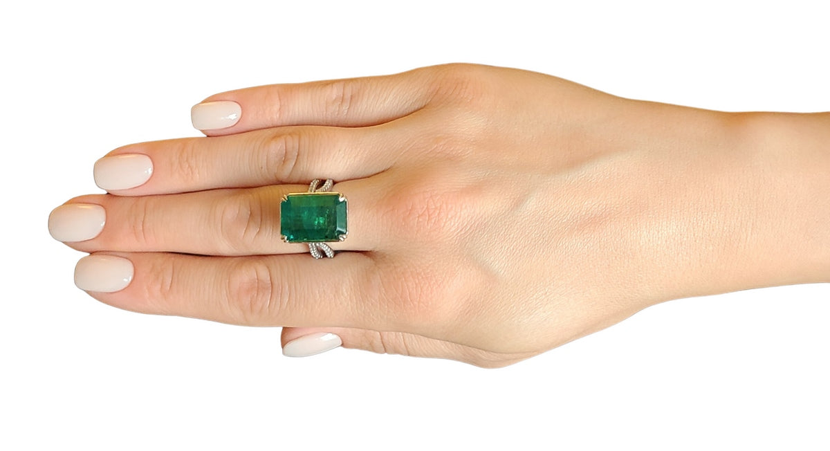 Emerald diamond ring gold white 14k gia certified 13.70ctw green octagonal