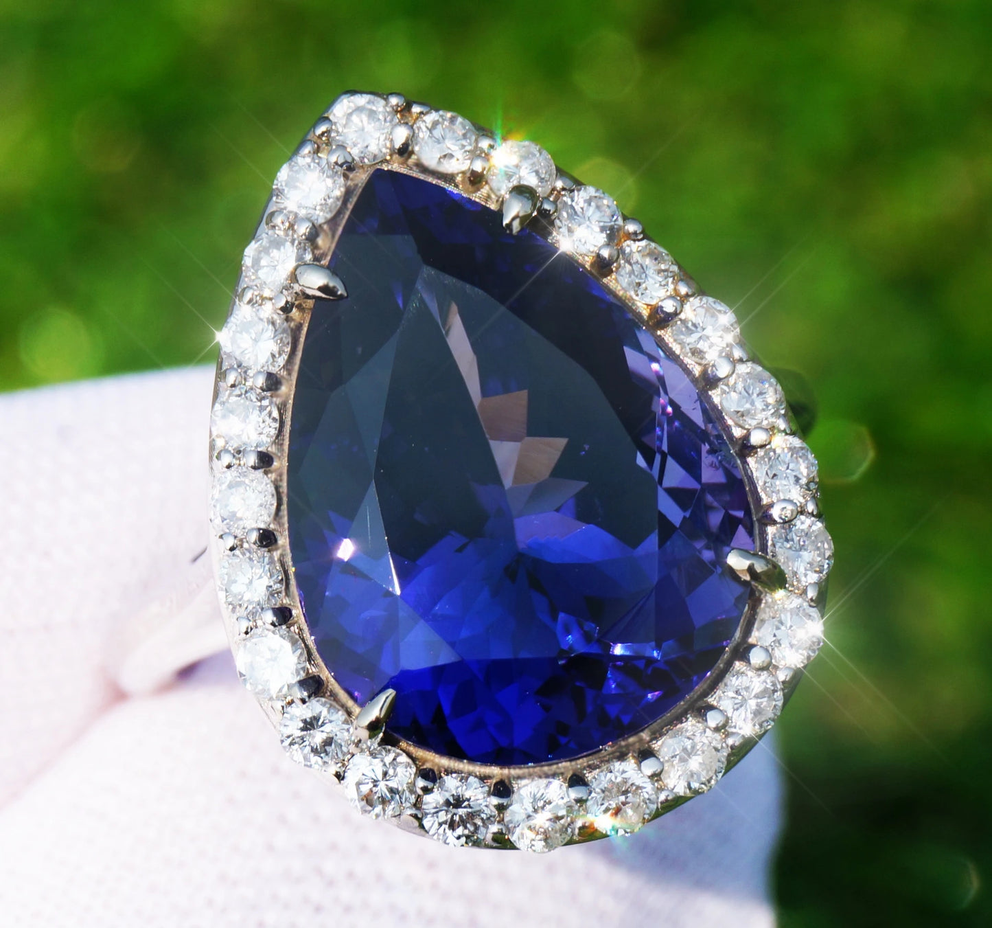 Tanzanite & diamond ring gold 14k white gia certified 9.93 ctw pear cut
