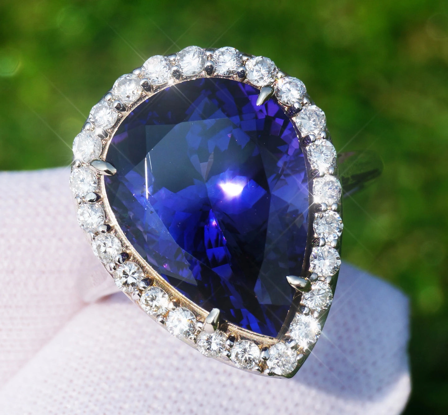 Tanzanite & diamond ring gold 14k white gia certified 9.93 ctw pear cut