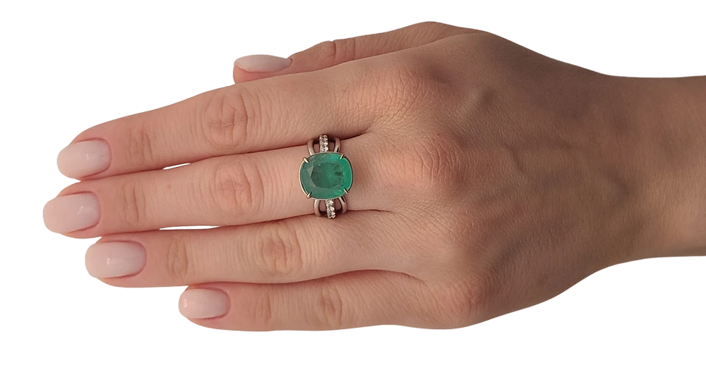 Emerald ring white gold 14k diamond 5.7ctw gia certified cushion cur split shank