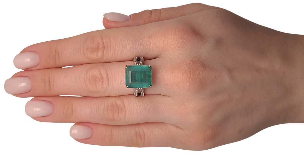 Emerald ring diamond white gold 14k gia certified 9.85ctw split shank solitaire