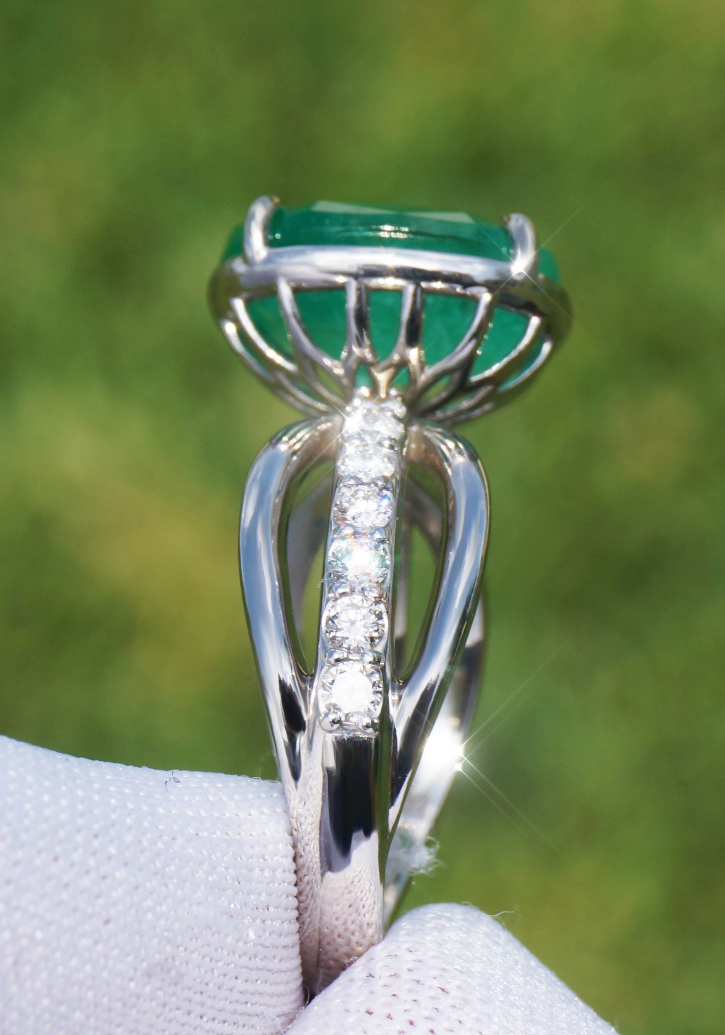 Emerald ring white gold 14k diamond 5.7ctw gia certified cushion cur split shank