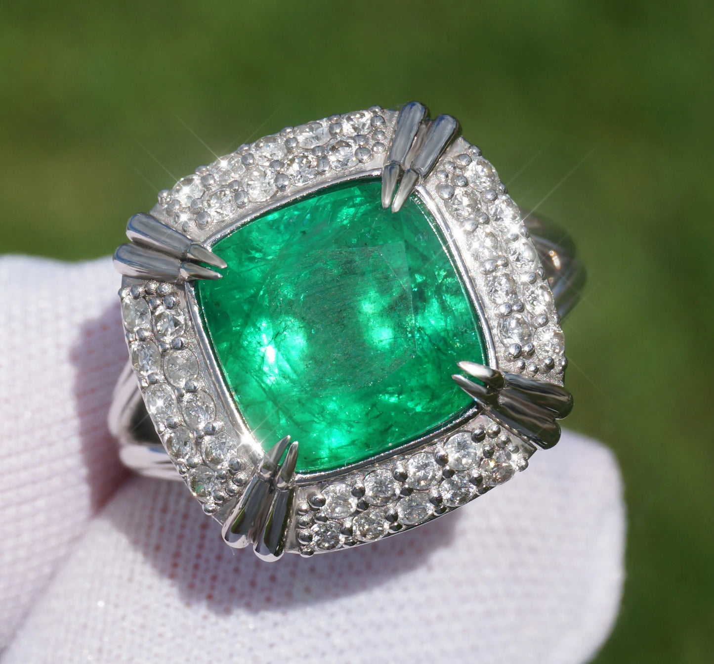 Emerald ring diamond white gold 14k green cushion 5.60ctw gia certified