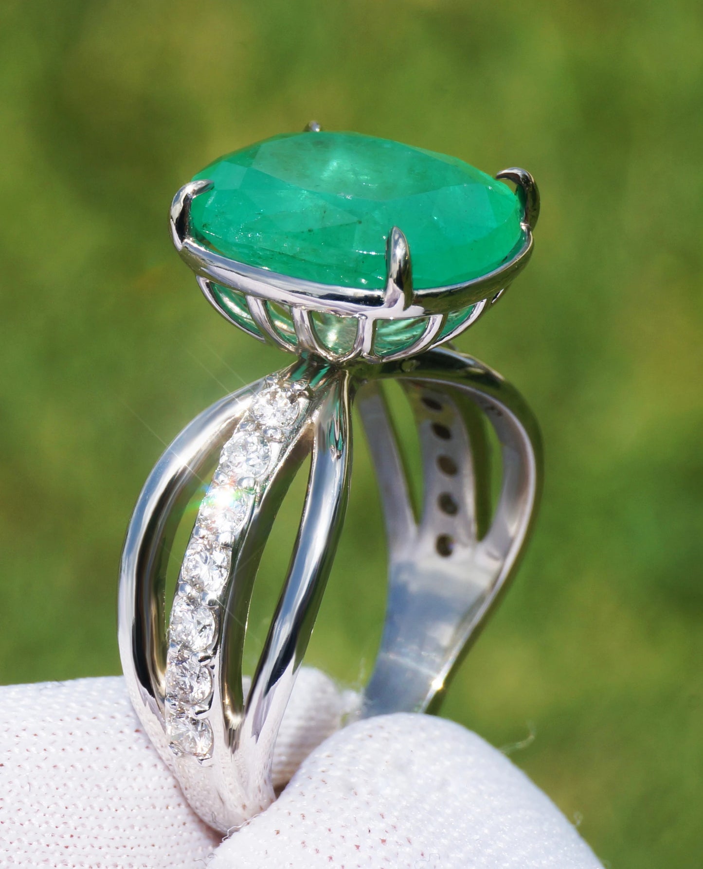 Emerald ring white gold 14k diamond 5.7ctw gia certified cushion cur split shank