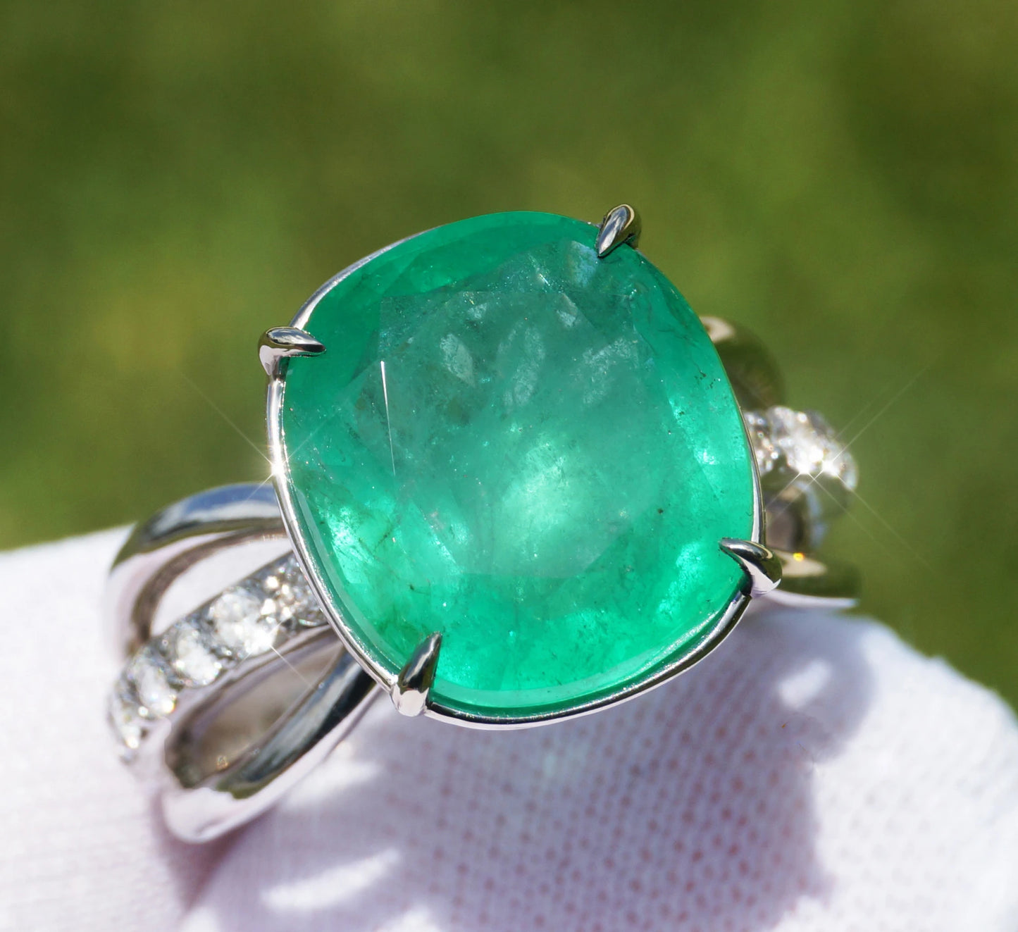 Emerald ring white gold 14k diamond 5.7ctw gia certified cushion cur split shank