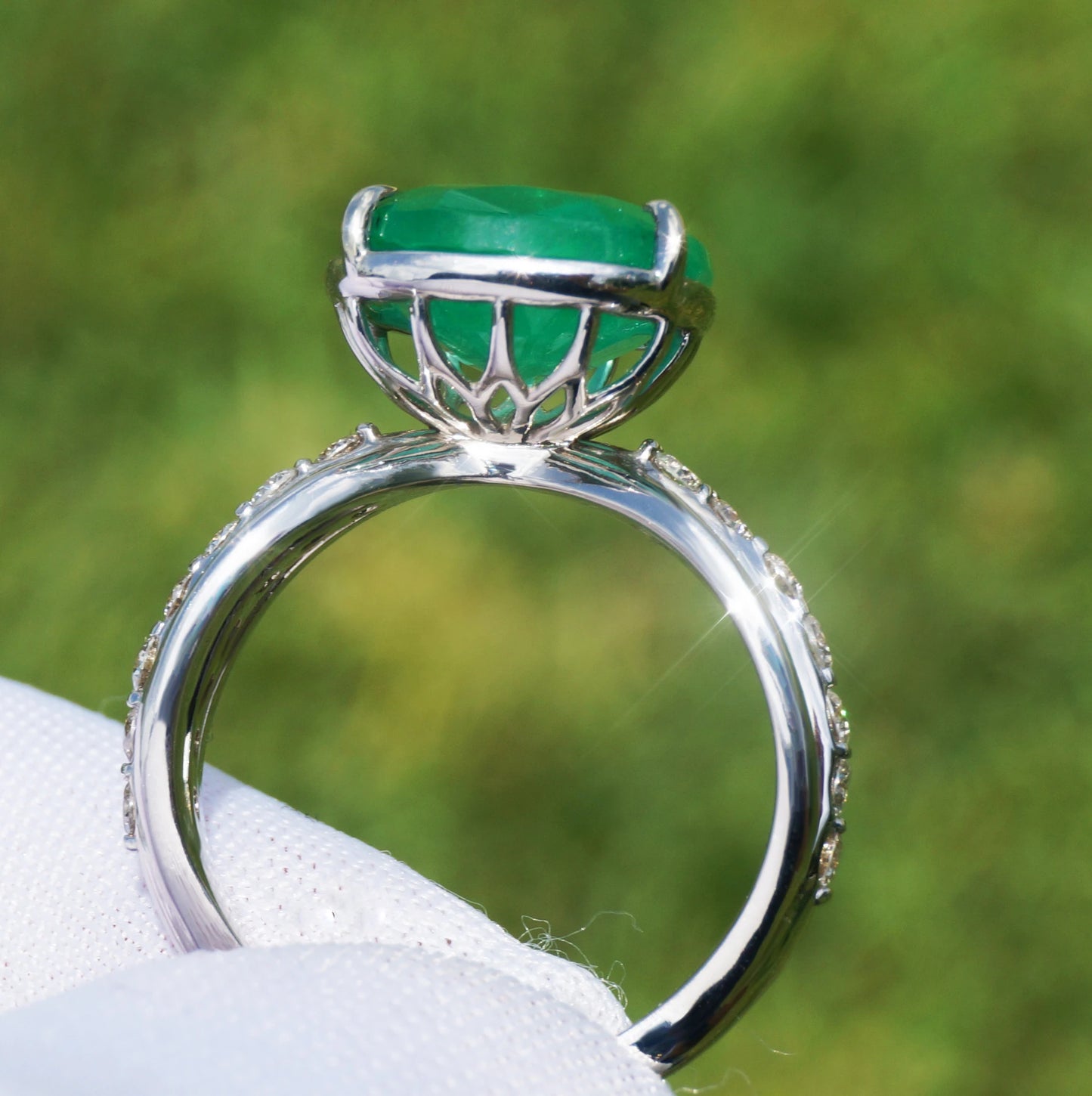 Emerald ring white gold 14k diamond 5.7ctw gia certified cushion cur split shank