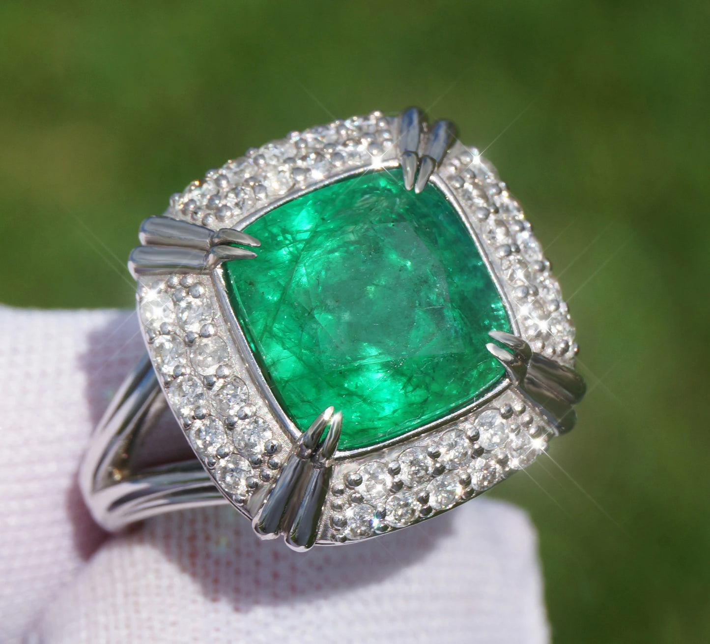 Emerald ring diamond white gold 14k green cushion 5.60ctw gia certified