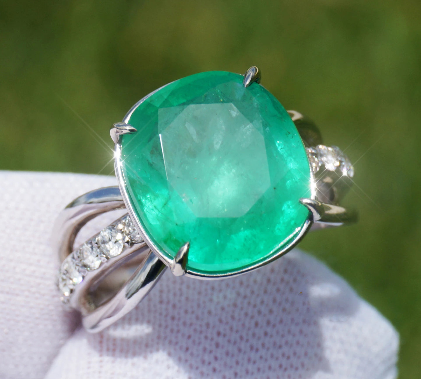 Emerald ring white gold 14k diamond 5.7ctw gia certified cushion cur split shank