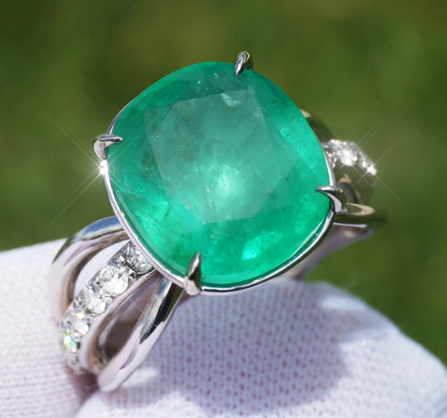 Emerald ring white gold 14k diamond 5.7ctw gia certified cushion cur split shank