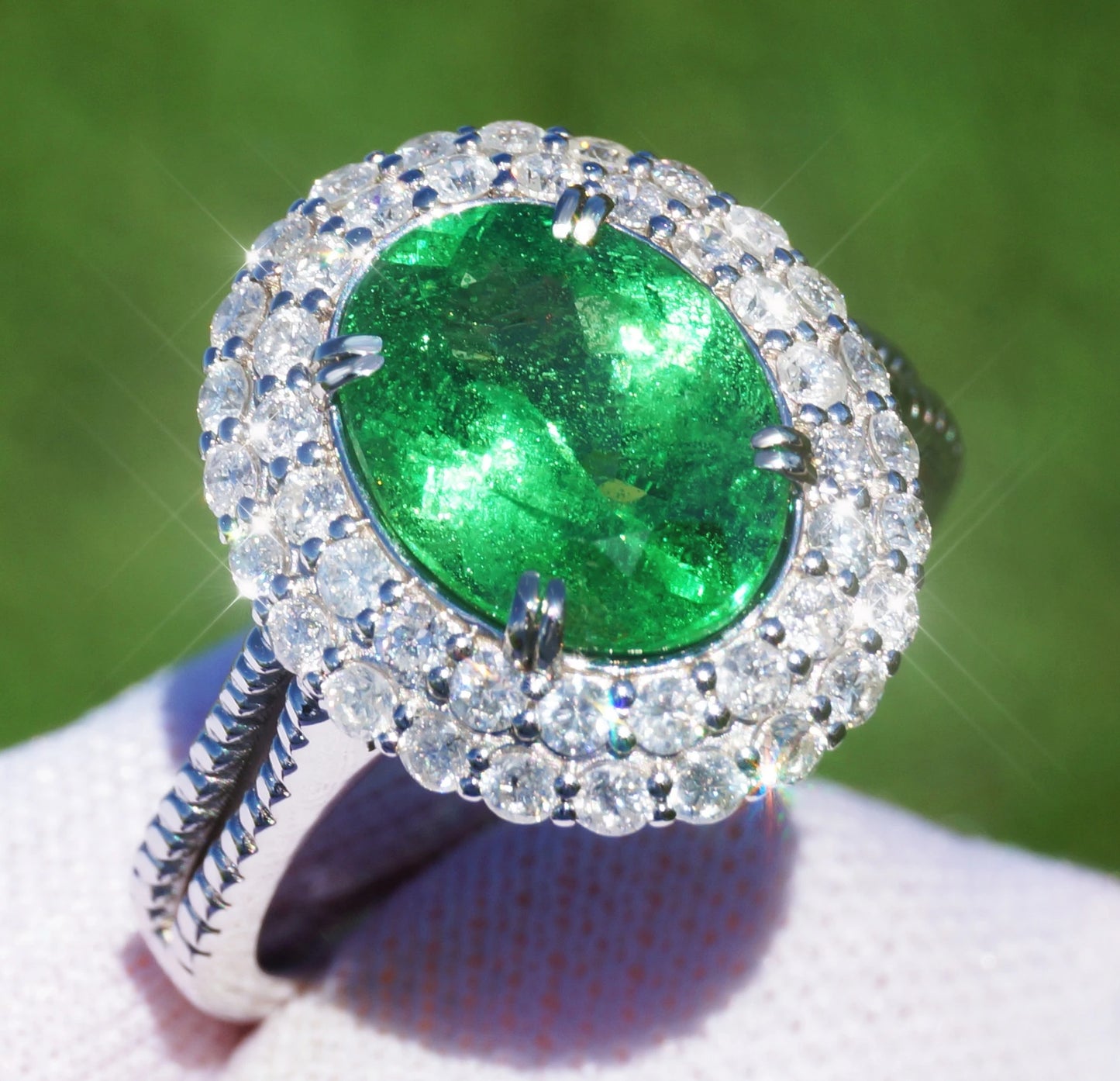 ring Tsavorite diamond white gold 14k gia certified 3.88ctw green oval cut garnet