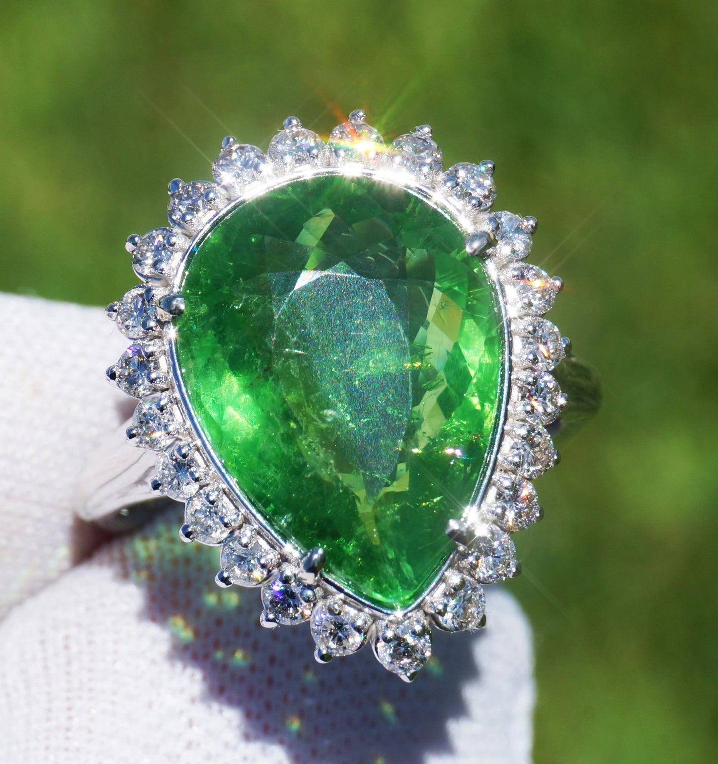 Green color Paraiba tourmaline copper bearing & diamond white 14k gold ring gia certified 7.84ctw pear cut