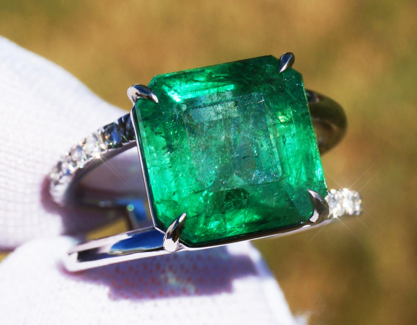 ring Emerald diamond white gold 14k gia certified 6.14ctw split shank