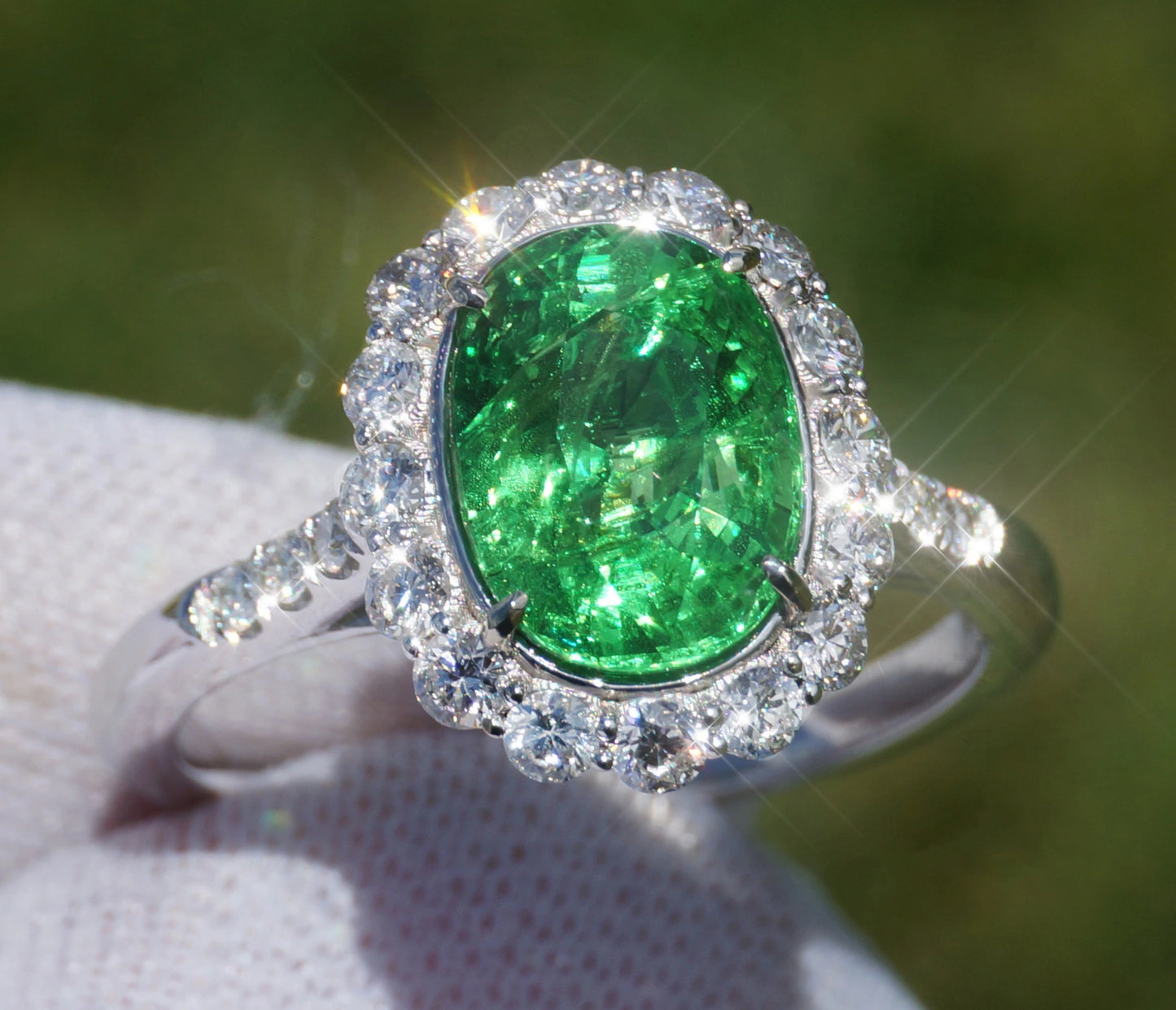 Tsavorite white 14k gold ring diamond green oval grossular garnet 3.80ctw gia certified