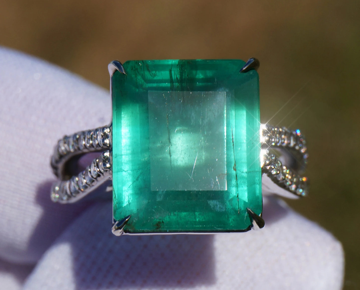 Emerald ring diamond white gold 14k gia certified 9.85ctw split shank solitaire
