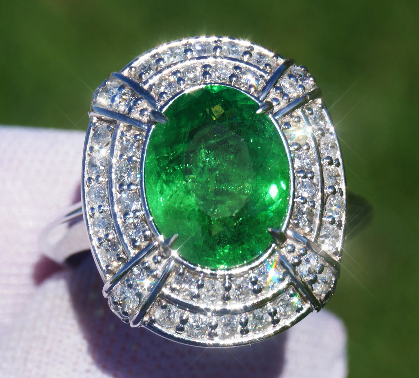 Tsavorite ring diamond gold white 14k grossular garnet green oval cut 4.30ctw certified