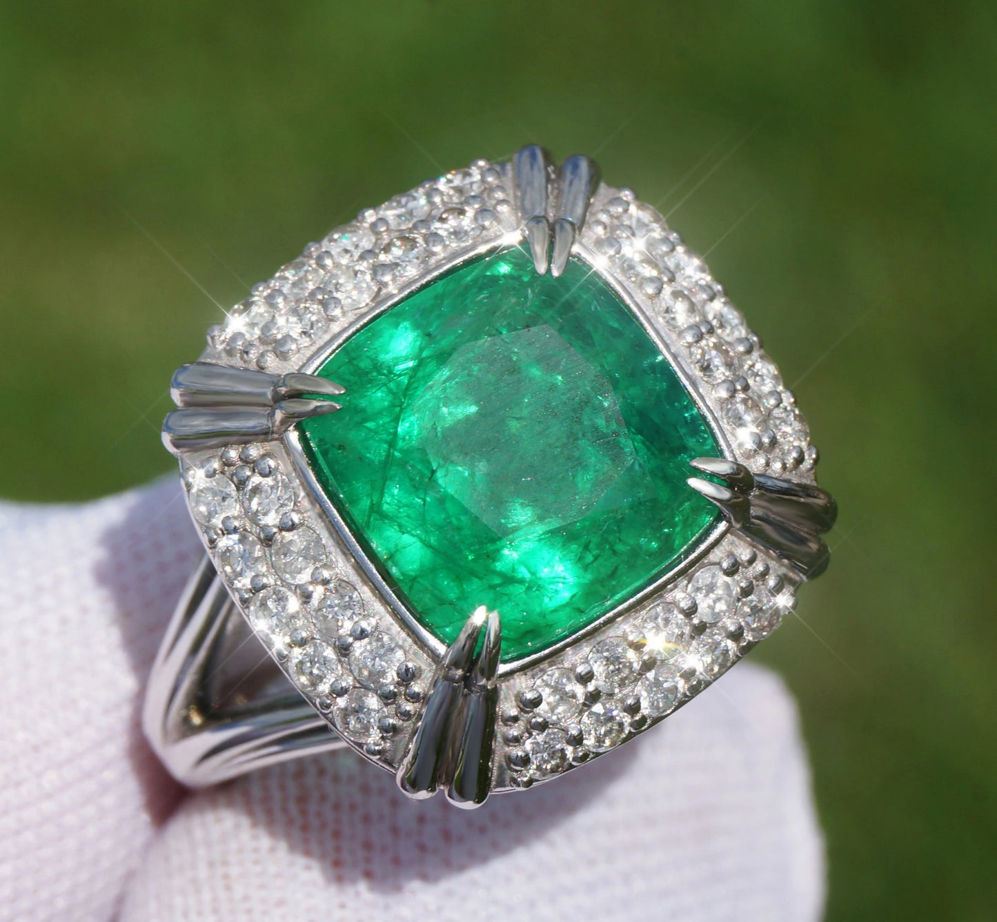 Emerald ring diamond white gold 14k green cushion 5.60ctw gia certified