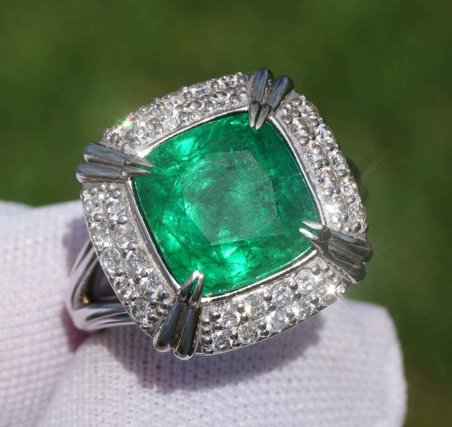 Emerald ring diamond white gold 14k green cushion 5.60ctw gia certified