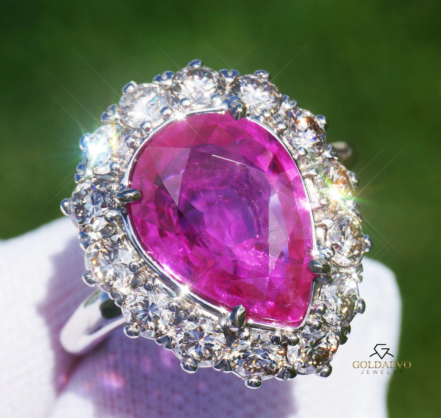 Ruby & diamond ring 18k white gold 6.64ctw burma pear cut lotus certified