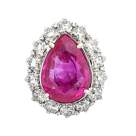 Ruby & diamond ring 18k white gold 6.64ctw burma pear cut lotus certified