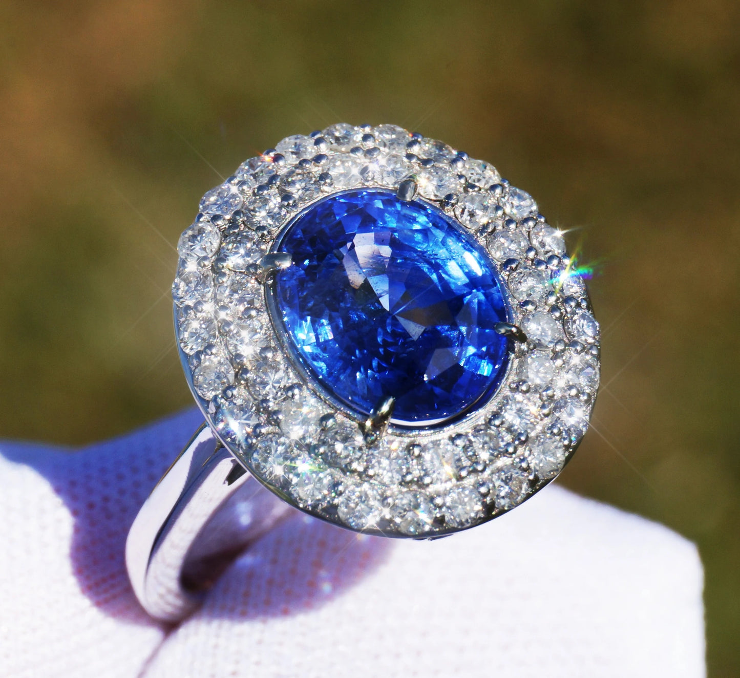 Sapphire ring diamond white gold 14k oval blue ceylon 4.37ctw gia certified sri lanka