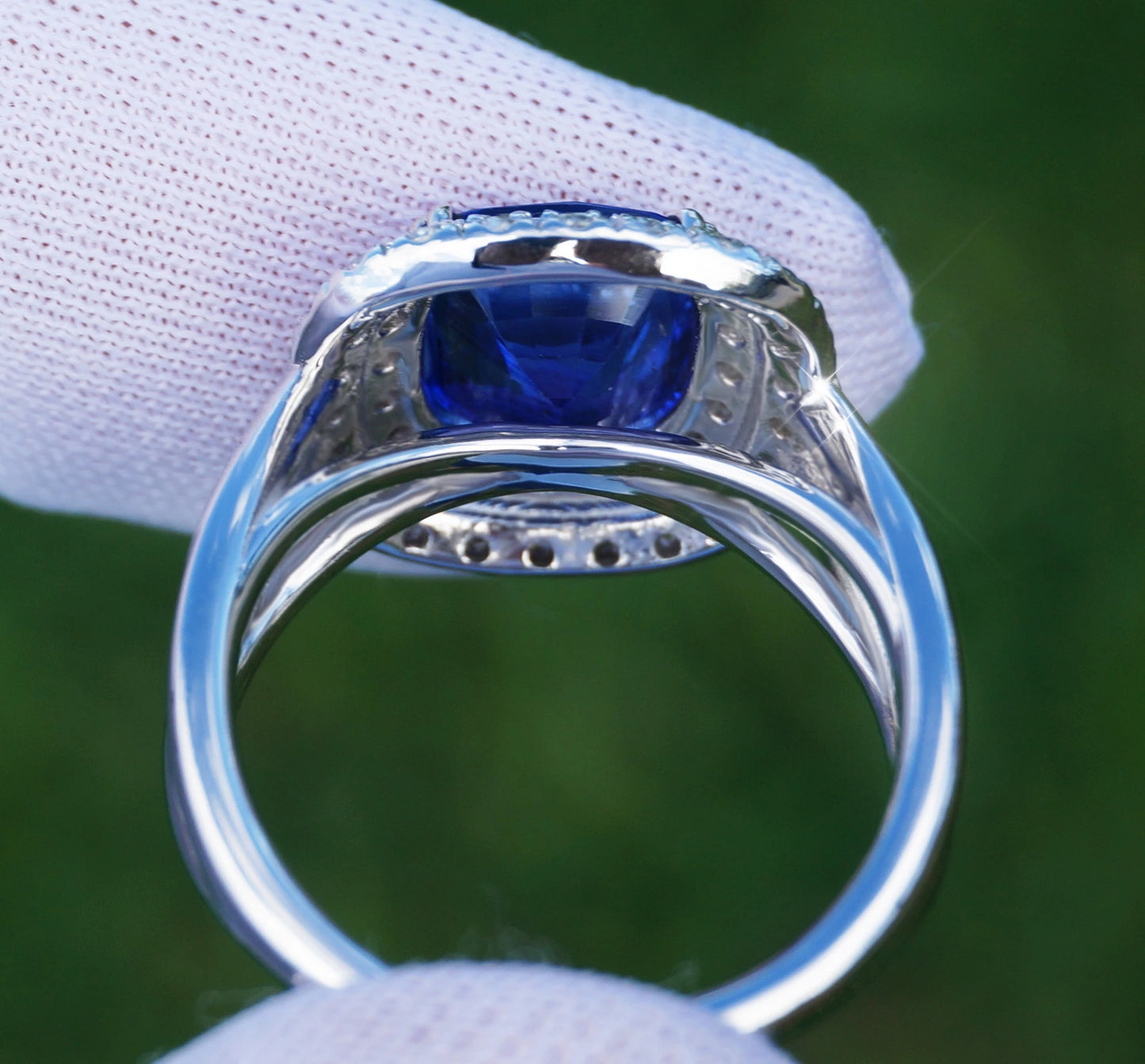 gold 14k Sapphire & diamond ring 4.46ctw gia certified madagascar cushion blue