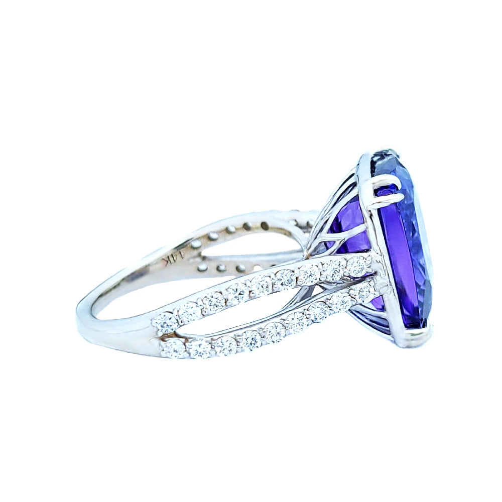 Tanzanite & diamond ring white gold white 14k no heat gia certified 10.86ctw