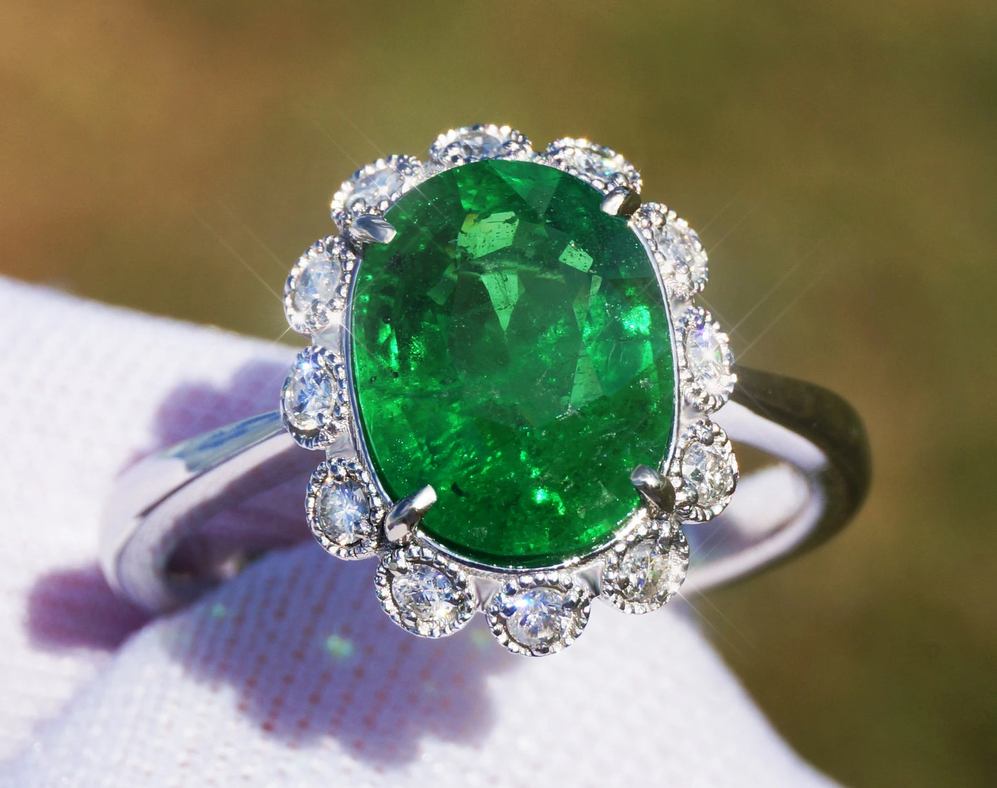 gold ring Tsavorite diamond 14k oval green grossular garnet gia certified 3.44ctw