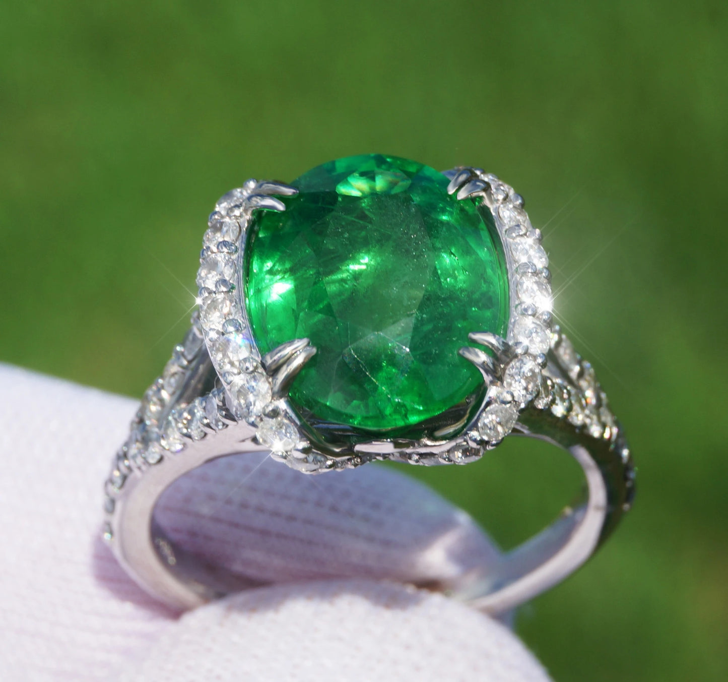 Tsavorite & diamonds ring 14k white gold green grossular garnet 6.38 ctw gia certified