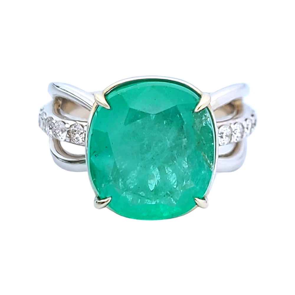 Emerald ring white gold 14k diamond 5.7ctw gia certified cushion cur split shank