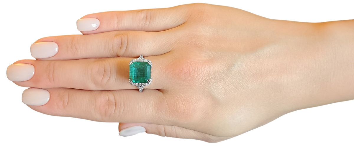 ring Emerald diamond white gold 14k green split shank 8.35ctw gia certified