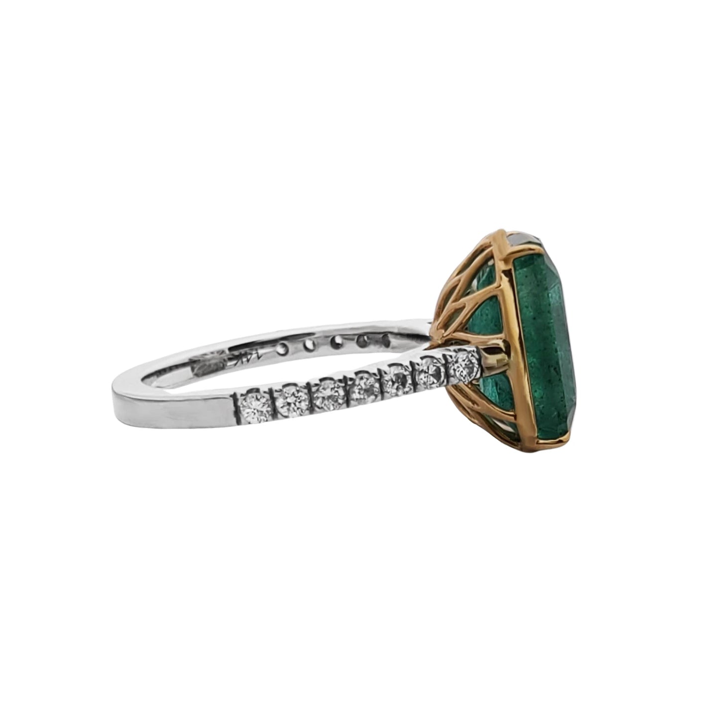Emerald diamond ring two-toned (yellow/white) 14k gold 7.34 ctw green octagonal gia certified