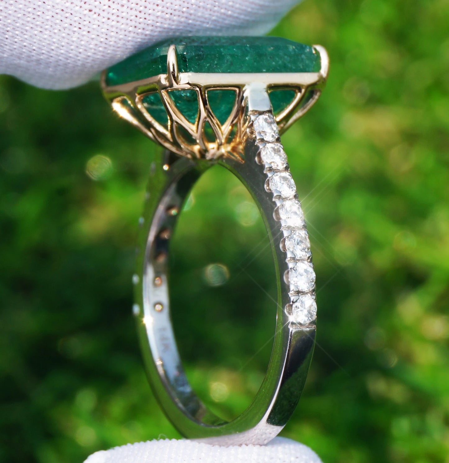 Emerald diamond ring two-toned (yellow/white) 14k gold 7.34 ctw green octagonal gia certified