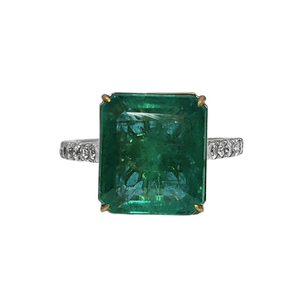 Emerald diamond ring two-toned (yellow/white) 14k gold 7.34 ctw green octagonal gia certified