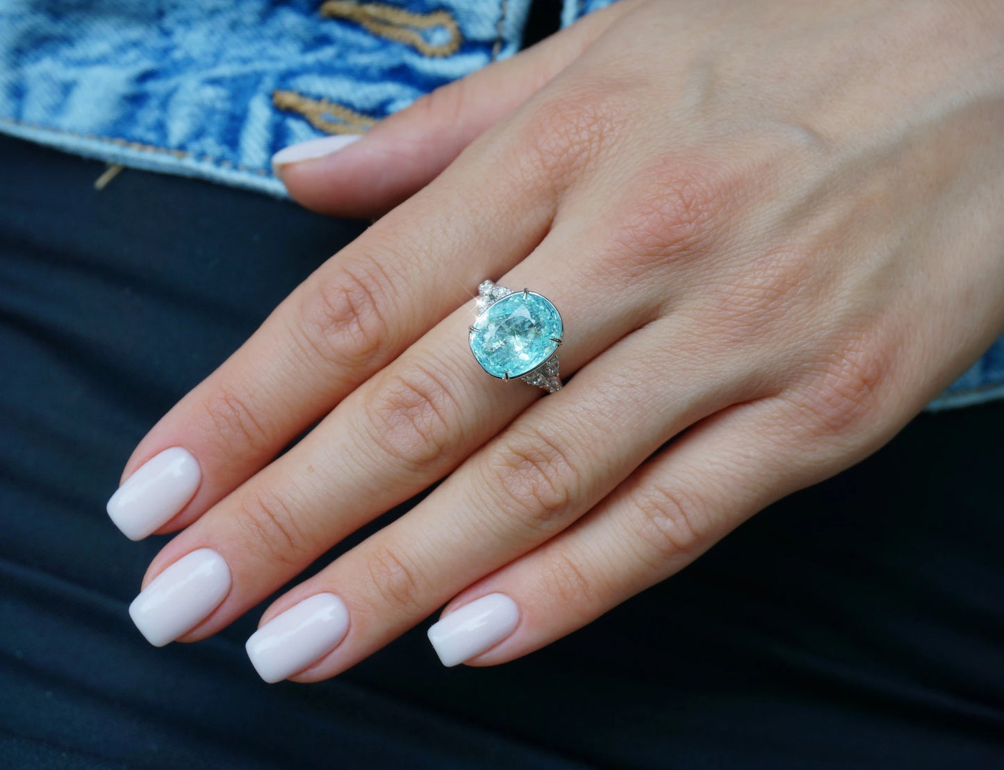 ring Paraiba tourmaline diamond gold white 14k gia certified 8.18ctw oval cut