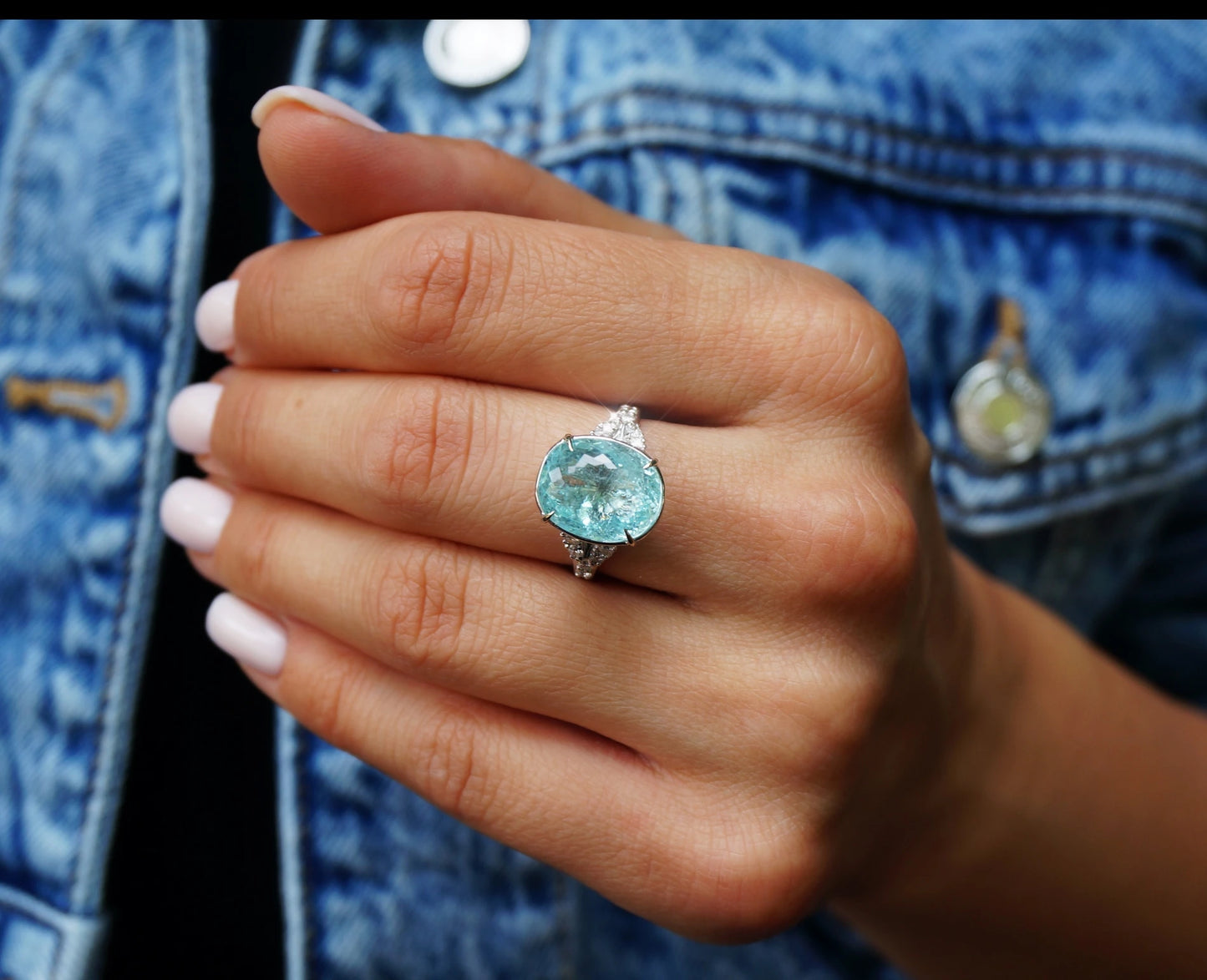 ring Paraiba tourmaline diamond gold white 14k gia certified 8.18ctw oval cut