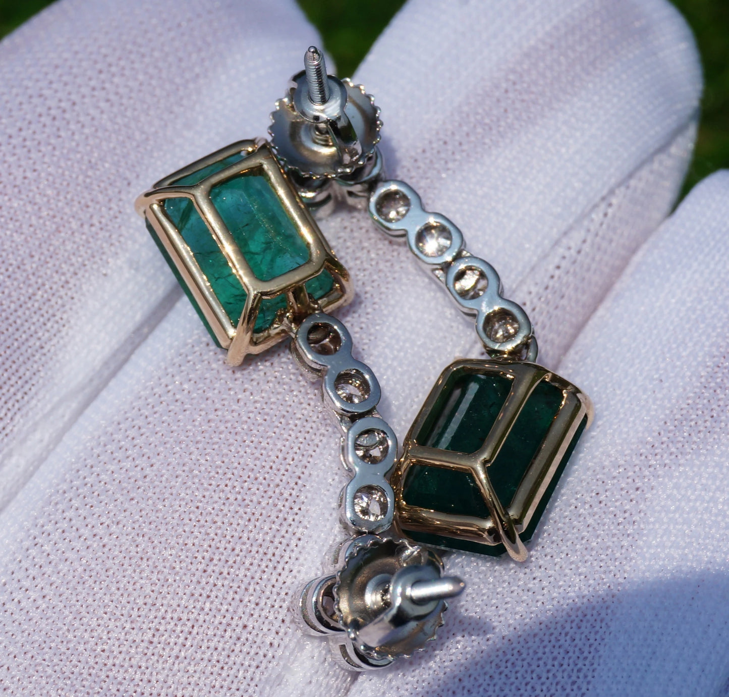 Emerald & diamond earrings gold two-toned 14k yellow/white gia certified 8.03ctw