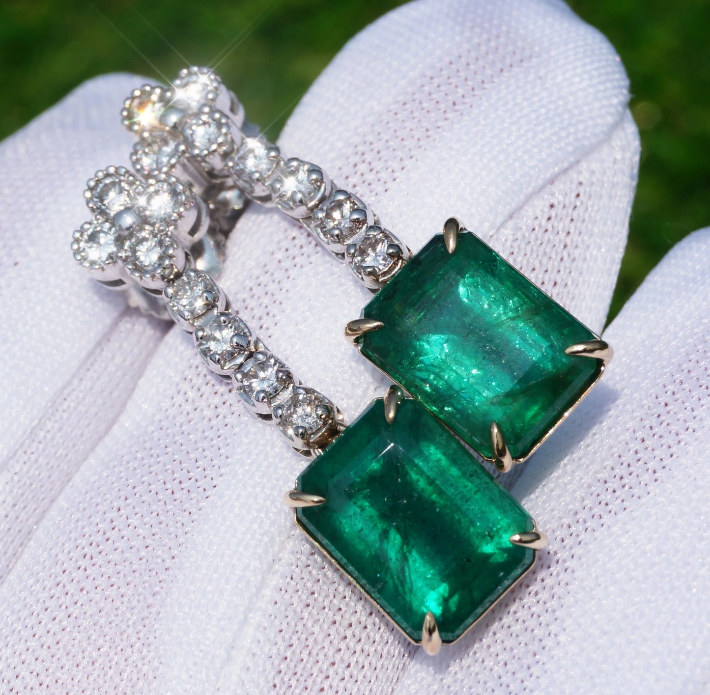 Emerald & diamond earrings gold two-toned 14k yellow/white gia certified 8.03ctw