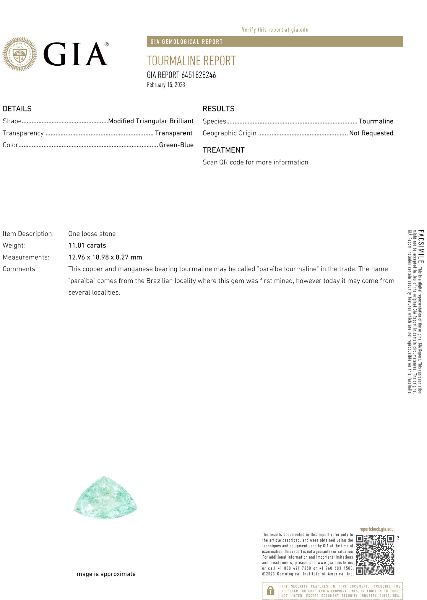 Paraiba tourmaline diamond ring gold white 14k gia certified 11.32ctw triangular cut