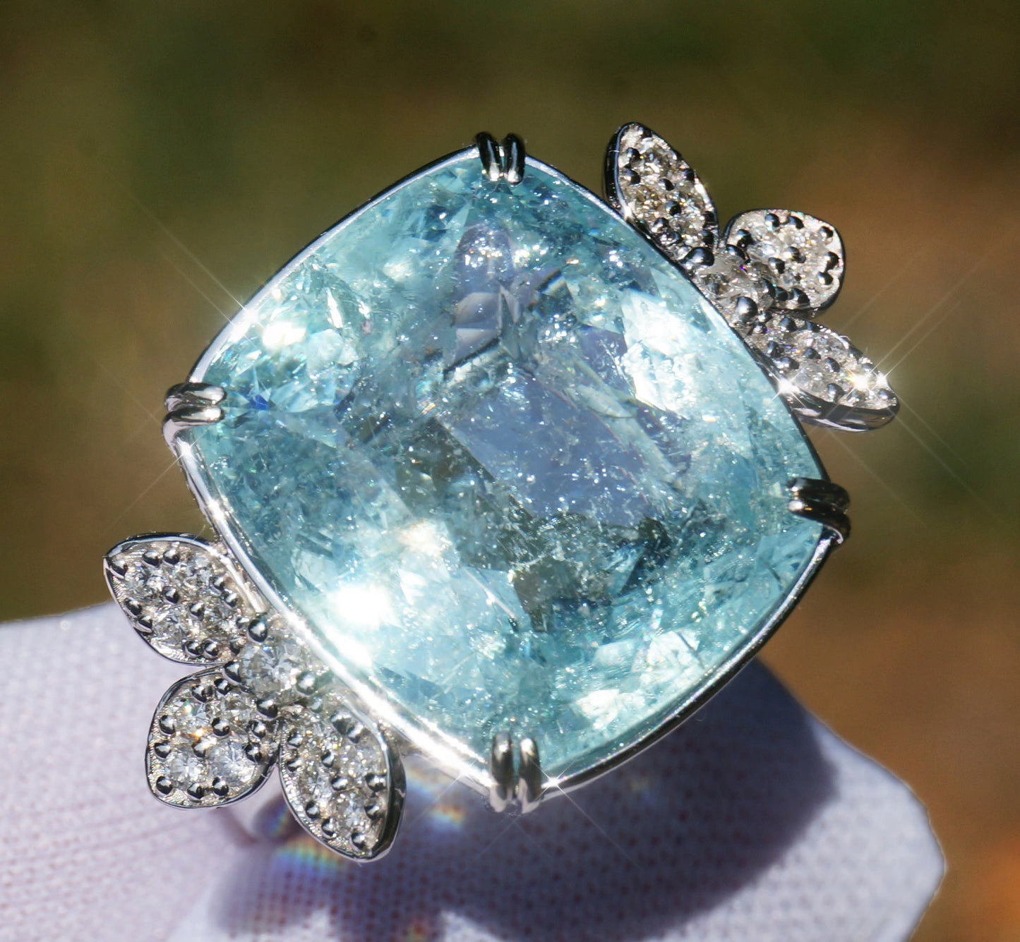 Paraiba tourmaline & diamond ring 14k white gold gia certified 18.04ctw cushion cut