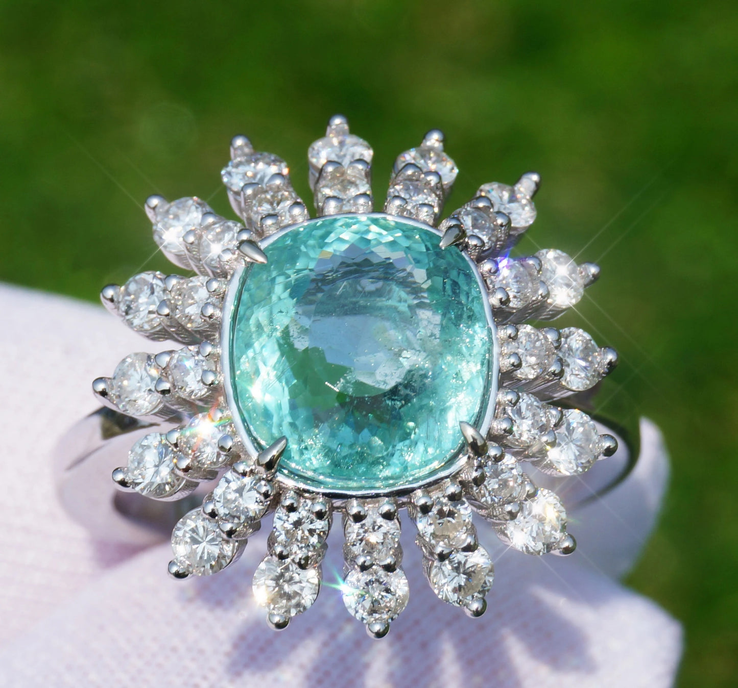 Paraiba tourmaline diamond ring white 14k gold gia certified 5.30 ctw cushion
