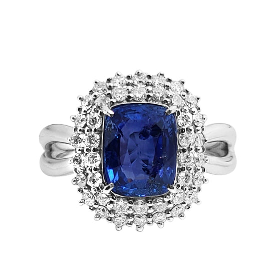 Sapphire ring 14k white gold diamond blue cushion ceylon gia certified 3.40 ctw