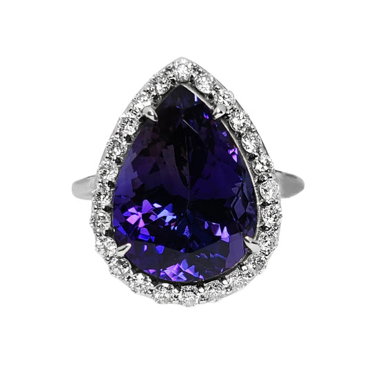 Tanzanite & diamond ring gold 14k white gia certified 9.93 ctw pear cut