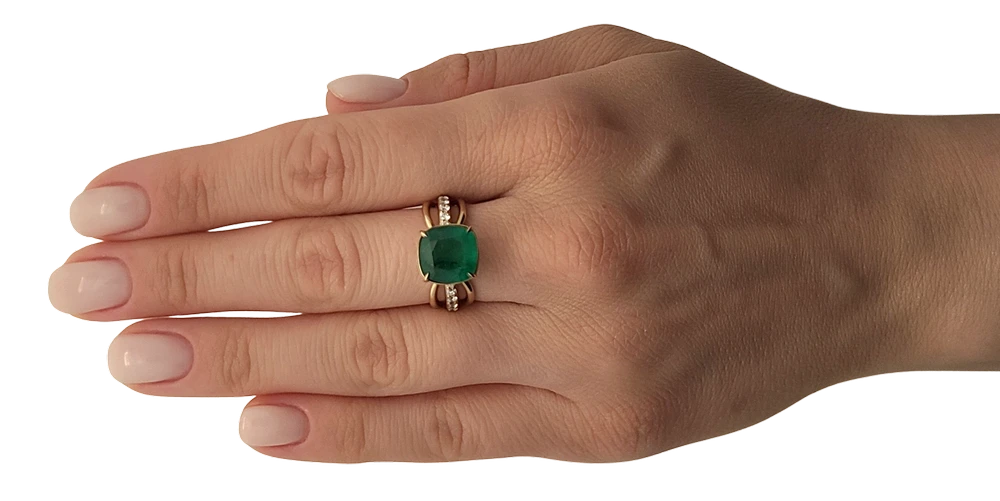 Emerald ring diamond gold yellow 14k split shank cushion cut 5.10ctw gia certified