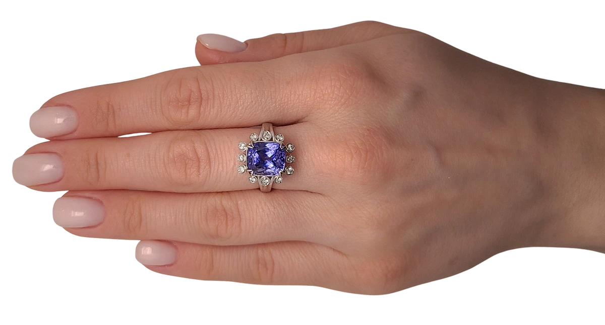 Tanzanite ring diamond gold white 14k cushion cut 6.60ctw gia certified