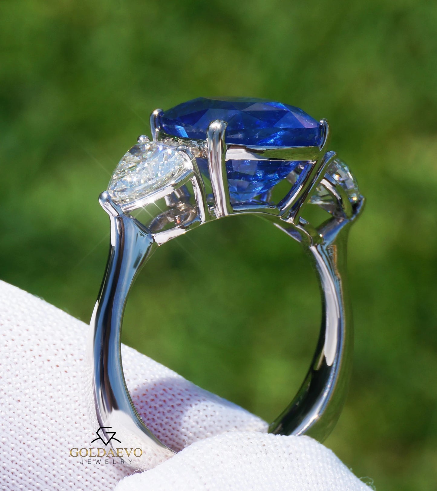 Sapphire & diamonds ring 18k white gold blue ceylon 8.66ctw gia certified no heat cushion cut