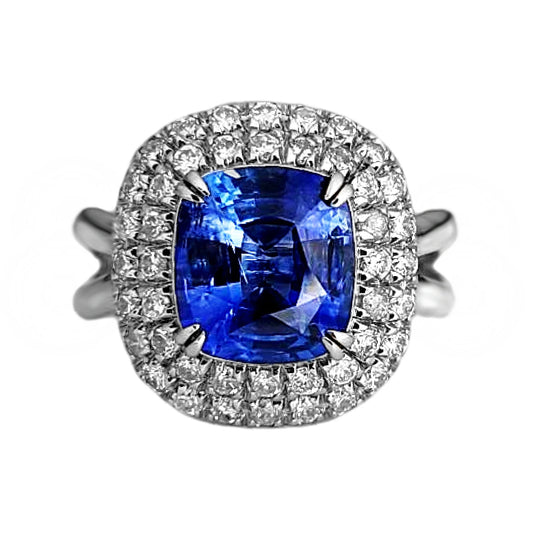 gold 14k Sapphire & diamond ring 4.46ctw gia certified madagascar cushion blue