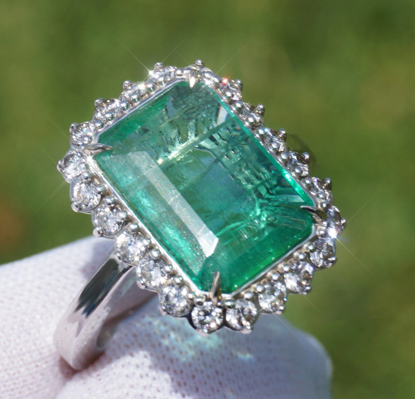 Emerald & diamond ring 14k white gold 4.67ctw green GIA certified